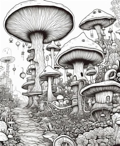 Premium AI Image | A black and white drawing of a mushroom landscape ...