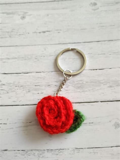 Rose Keychain Rose Keyring Crochet Keychain Rose Red Rose Keychain Cute Rose Keyring