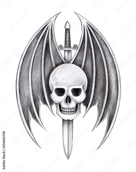 Art Wings Sword Skull Tattoo Hand Pencil Drawing On Paper Stock