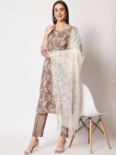 Brown Kota Embroidered Kurti With Straight Pants And Kota Embroidered