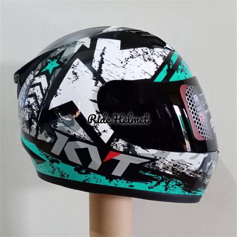 Jual Helm KYT Full Face R10 Motif Seri 3 Black Aqua Blue Original Motor