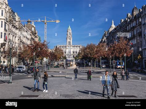 City Hall Of Porto Seen From Avenue Of The Allies Avenida Dos Aliados