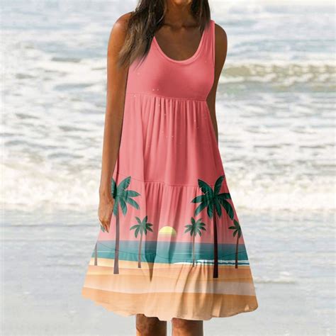 Ehtmsak Boho Summer Dresses For Women 2024 Crew Neck Hawaiian Tropical Palm Tank Beach Plus Size