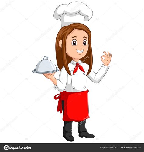 Cartoon Woman Chef Holding Silver Plate Giving Perfect Okay Delicious Stock Vector By ©dualoro