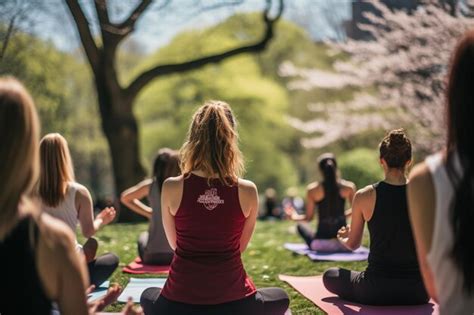 Grupo De Mujeres Practicando Yoga Juntas En Central Park Promoviendo El