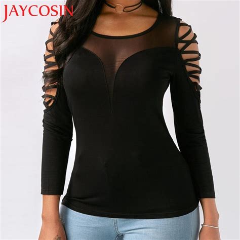 Jaycosin 2018 Moda Feminina Ombro Corte Manga Comprida Camiseta Oco