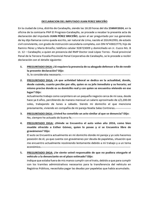 Declaracion Del Imputado Juan Perez Pdf