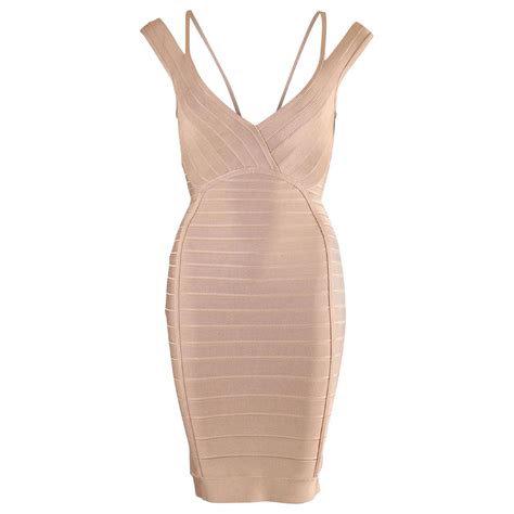 Herve Leger V Neck Bandage Midi Dress In Nude Rayon Flesh Cellulose