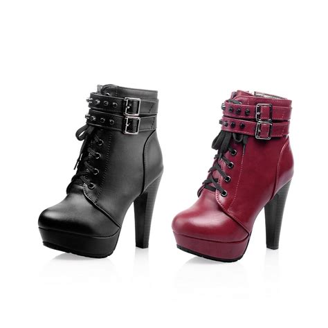 Platform Thick With High Hell Round Toe Buckle Lace Up Ankle Pu Leather Designer Brand Women