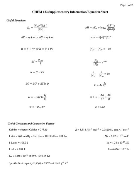 W Chem Formula Sheet Page Of Chem Supplementary