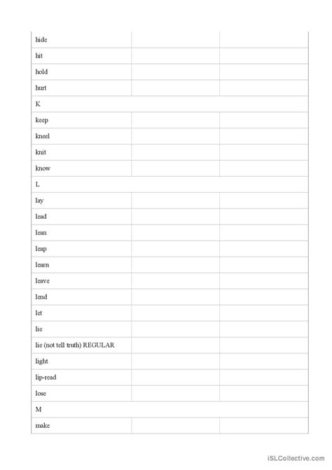 Blank Irregular Verb Chart - 8 Pages…: English ESL worksheets pdf & doc