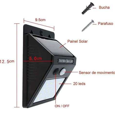 Luminária Solar Luz 20 LED Potentes e Sensor de Presença Automático