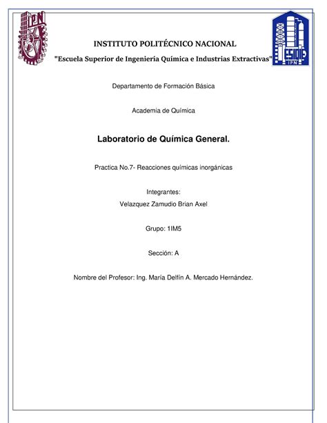 Practica Quimica H O Instituto Polit Nacional Escuela Superior
