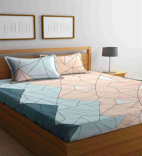 Buy Multicolor Geometric 300 Tc Cotton Blend King Sized Fitted Bed