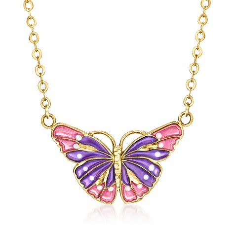 Italian Multicolored Enamel Butterfly Necklace In 14kt Yellow Gold 18