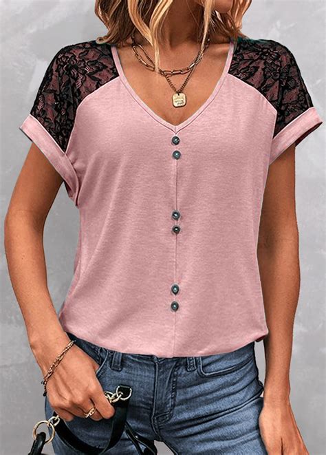 Pink Patchwork Short Sleeve V Neck T Shirt Modlily USD 27 98