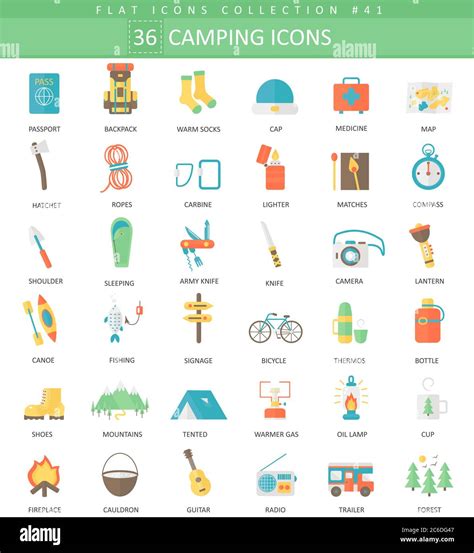 Vector Camping Color Flat Icon Set Elegant Style Design Stock Vector