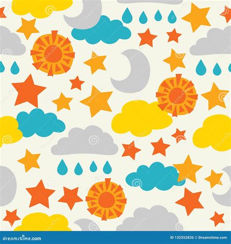 Vector Sun Moon Stars And Clouds Seamless Pattern Background Stock