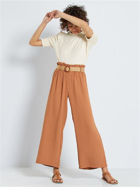 Pantalon Large Avec Ceinture En Paille Orange Kiabi