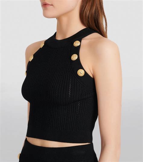 Womens Balmain Black Button Embellished Knit Crop Top Harrods Us