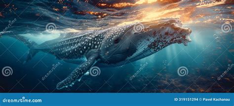 A Massive Whale Swims In The Ocean With Its Mouth Wide Open Stock Photo