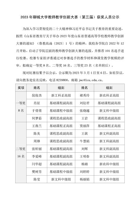 2023年聊城大学教师教学创新大赛（第三届）获奖人员公示 教务处