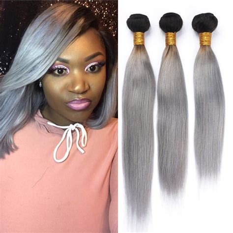 Silver Grey Ombre Straight Human Hair Bundles Dark Roots Virgin Peruvian Human Hair