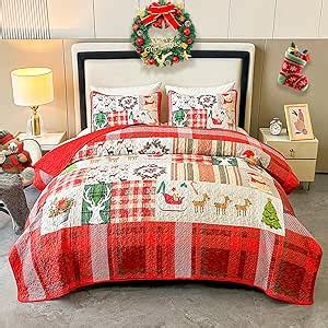 Amazon Christmas Quilt Set Queen Size Red Plaid Xmas Tree