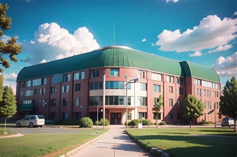 Premium AI Image A Large Red Brick Building With A Green Roof And A