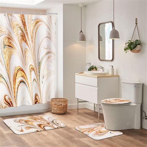 Bshapplus 4pcs Marble Shower Curtain Set With Rugs Toilet Lid Cover