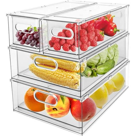 4 Pack Stackable Fridge Organizer Bins Clear Pull Out Drawers For