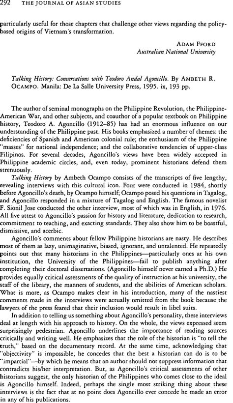 Talking History: Conversations with Teodoro Andal Agoncillo. By Ambeth R. Ocampo. Manila: De La ...