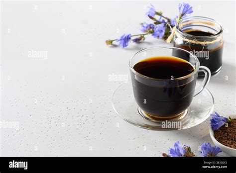 Chicory Root Coffee In Glass Cup And Fresh Flowers Health Benefits