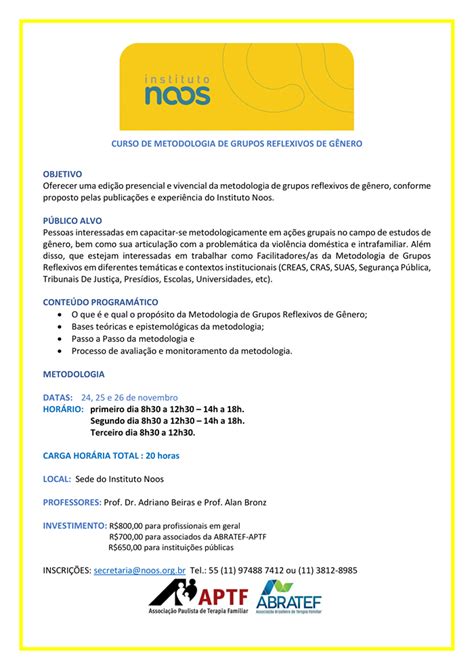 Curso de Metodologia de Grupos Reflexivos de Gênero Instituto Noos