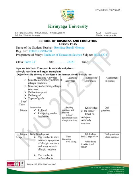 Biology Lesson Plan Sample Bed Science Kyu Studocu