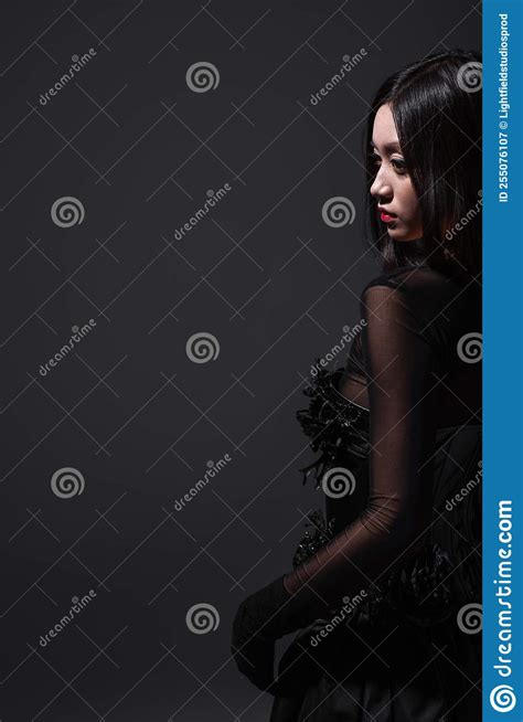 Brunette Asian Woman In Black Gothic Stock Image Image Of Fashionable