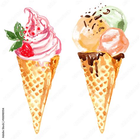 Ice Cream Cone Painted With Watercolors On White Background Waffle