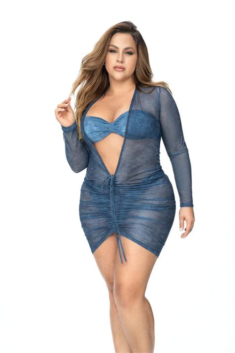 2024 Sexy Plus Size Long Sleeve Mesh Plunge Beach Bikini Cover Up