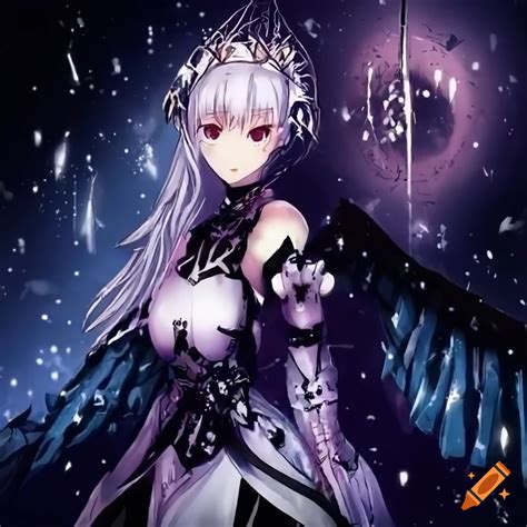 Anime Style Artwork Featuring A Queen Archangel And Snowy Mountains