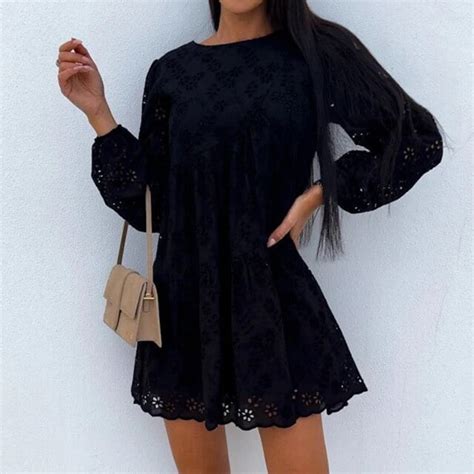 Elegant Round Neck Lace Hollow Out A Line Dress Women Causal Long