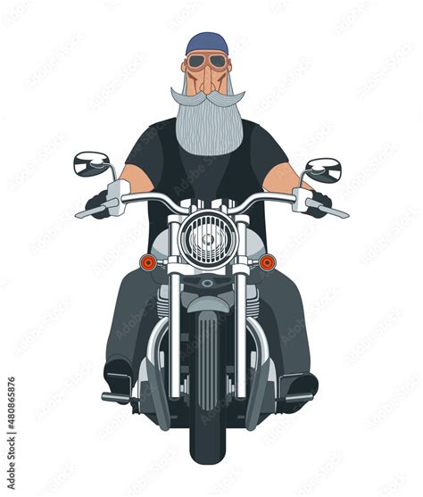 Cool biker on a motorcycle. Front view. Charismatic character. Vector drawing Stock Vector ...