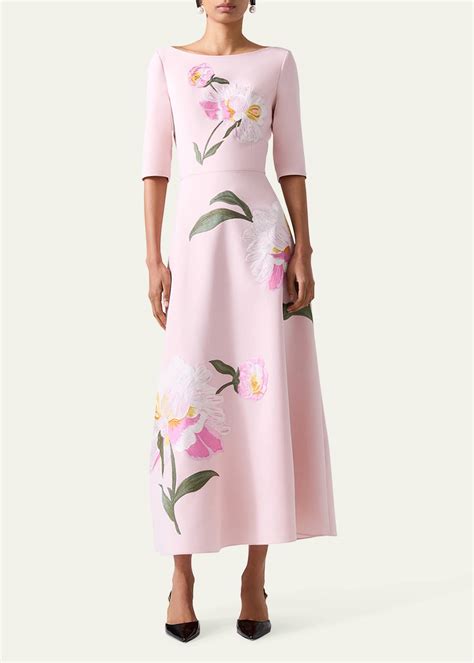 Carolina Herrera Floral Embroidered Boat Neck Midi Dress Bergdorf Goodman