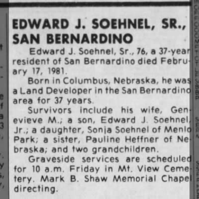 Obituary For Edward J Soehnel Aged Newspapers