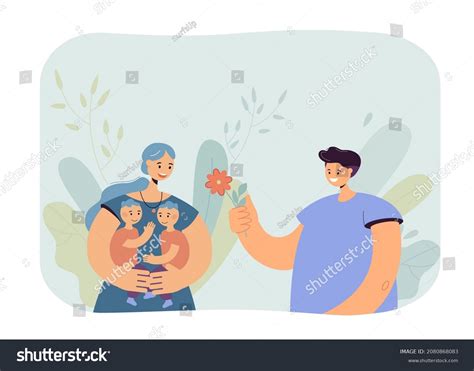 Husband Giving Flower Wife Holding Two Stock Vector Royalty Free