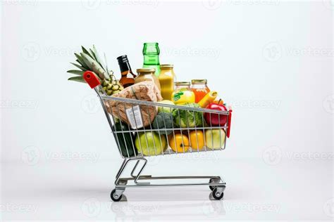 Shopping cart full of fruits, vegetables and groceries isolated on ...