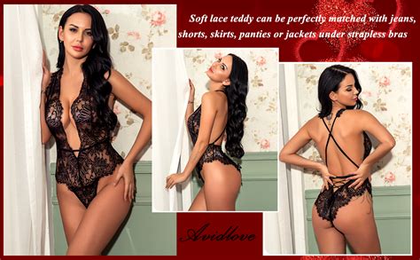 Avidlove Women One Piece Lingerie Lace Bodysuit Deep V Teddy Mini Babydoll Clothing Shoes
