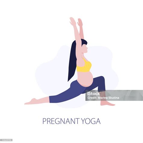 Vector Illustration Of Pregmant Girl Or Woman Doing Yoga Class Healthy