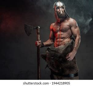 Naked Nord Warrior Posing Dark Background Stock Photo 1944218905