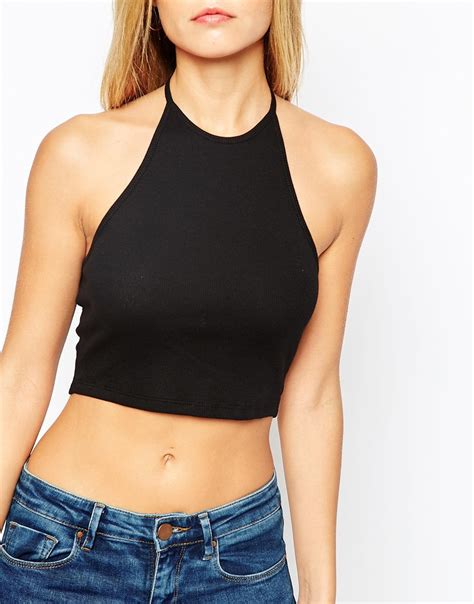 Lyst Asos Crop Top With Halter Neck In Rib 2 Pack Save 20 In Black