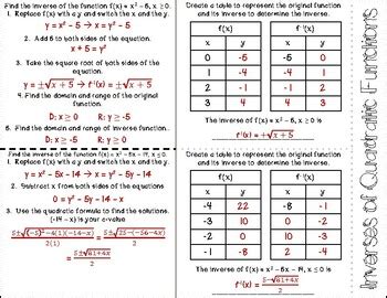 Inverses Of Quadratic Functions Foldable AR 3C By Jstalling TPT